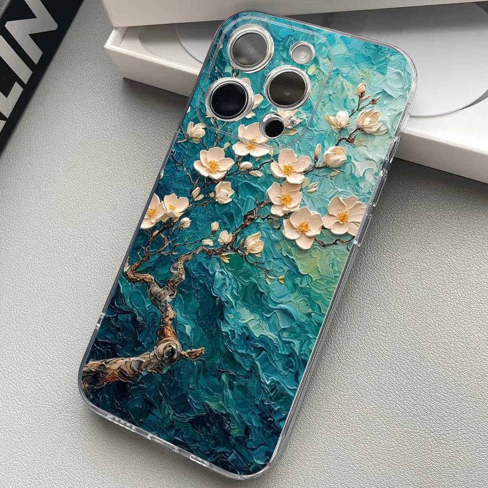 Oil Painting Of Flowers Transparent Phone Case For iPhone 17 16 15 11 12 13 14 Pro Max Mini Soft TPU Silicone Plus
