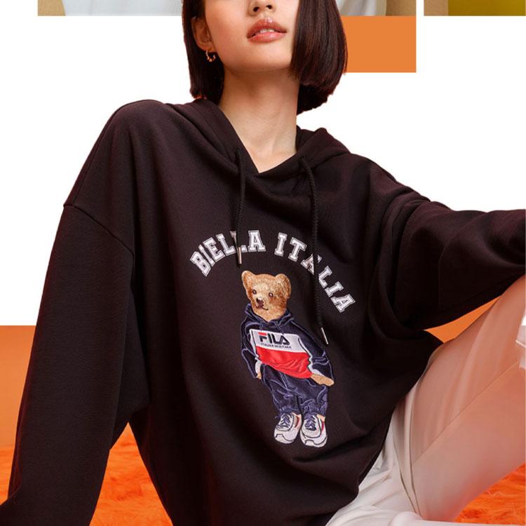 Fila American Style Sweatshirt Autumn Cartoon Bear Pocket Letter Print Casual Sweatshirt Men Sweatshirt Black F51M239299F-BK