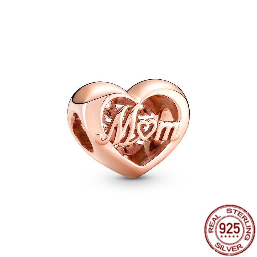Fine S925 Sterling Silver Love You Mom Double Heart Split Dangle Charm Beads Fit Original  Bracelet DIY Women Jewelry Gift