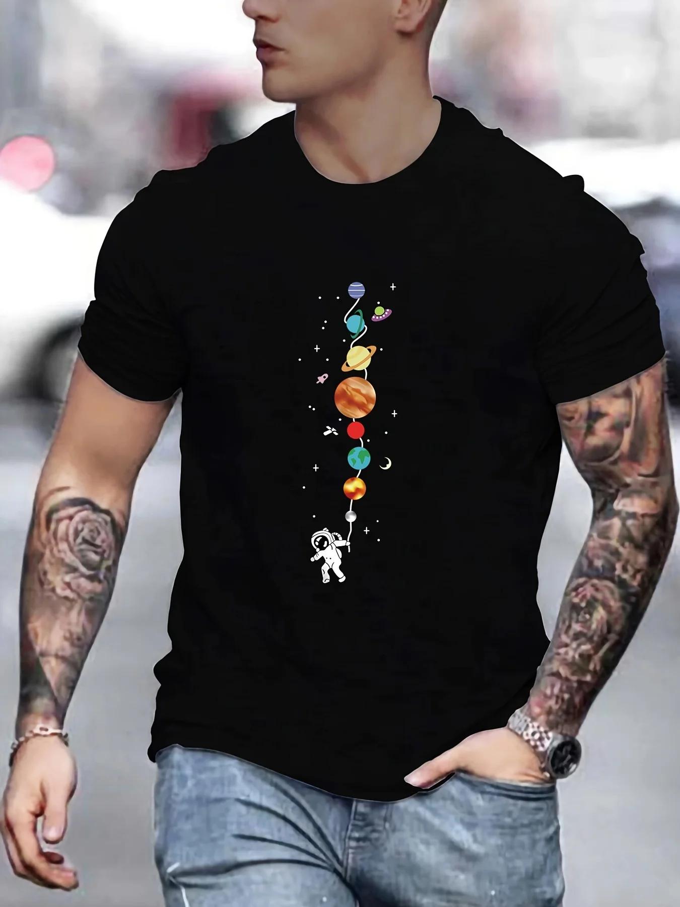 

Summer Men s T-shirt 100% cotton loose size Astronaut Planet Print casual and comfortable crew neck short sleeve T-shirt top 3XL