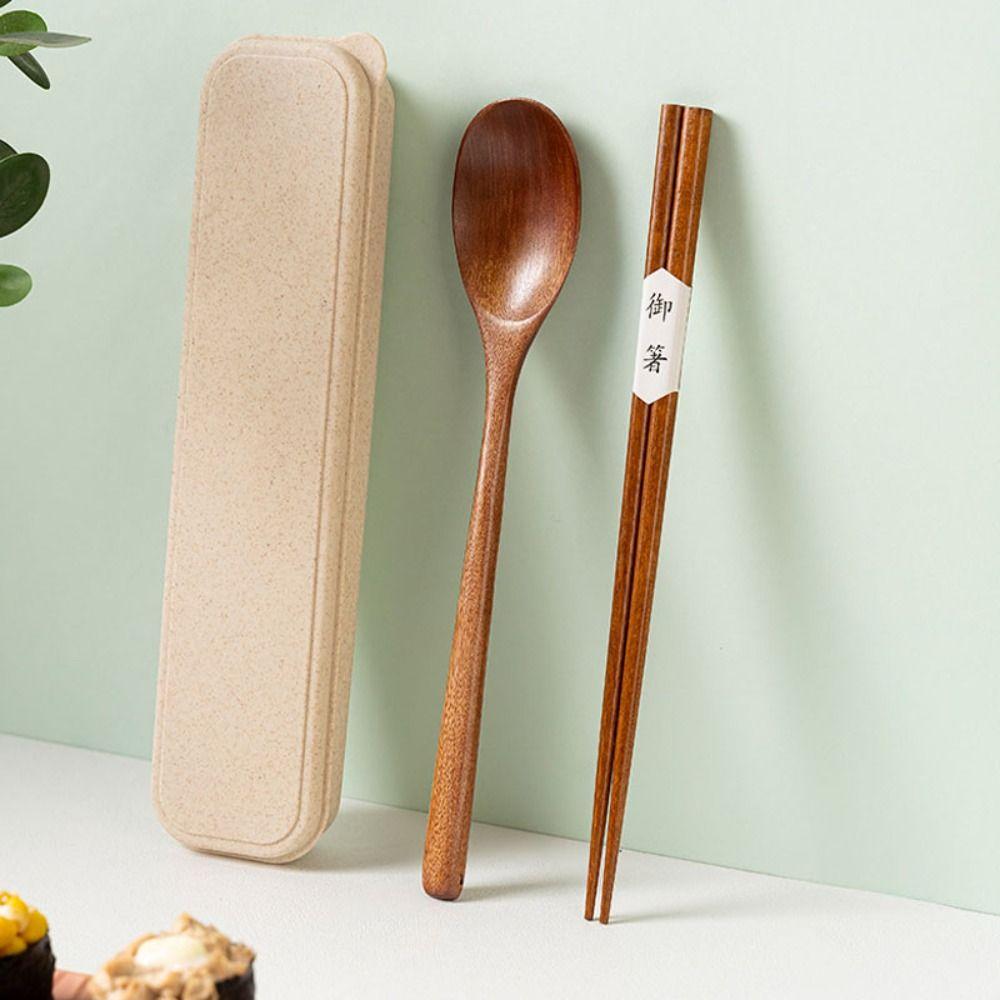 

С коробкой портативная посуда многоразовый набор столовых приборов деревянные палочки для еды ложки набор для взрослых/студентов