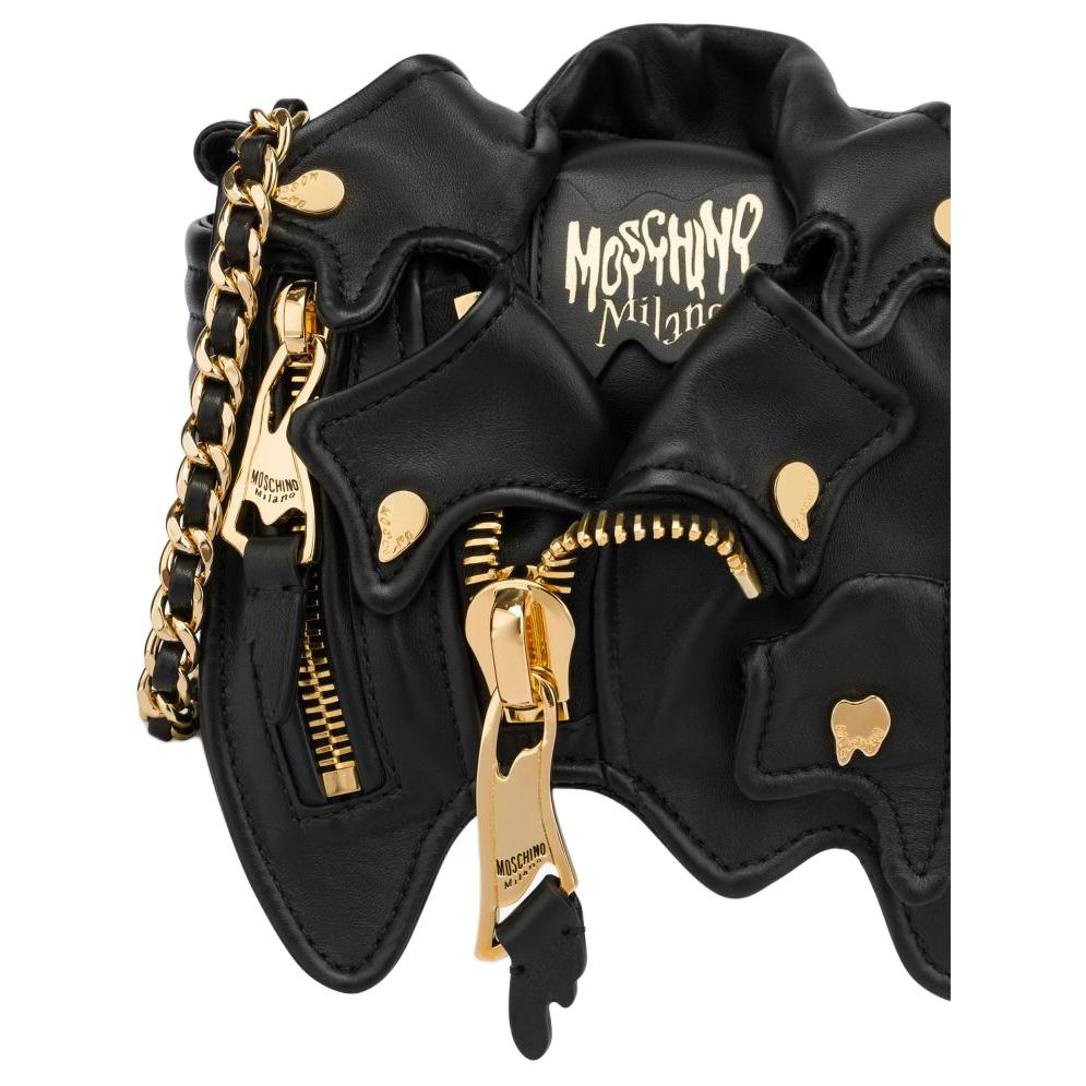 Moschino Logo Slide Chain Zipper Pocket Lambskin Crossbody Shoulder Bag Small Women Bags Black 2322-A7536-8002-1555
