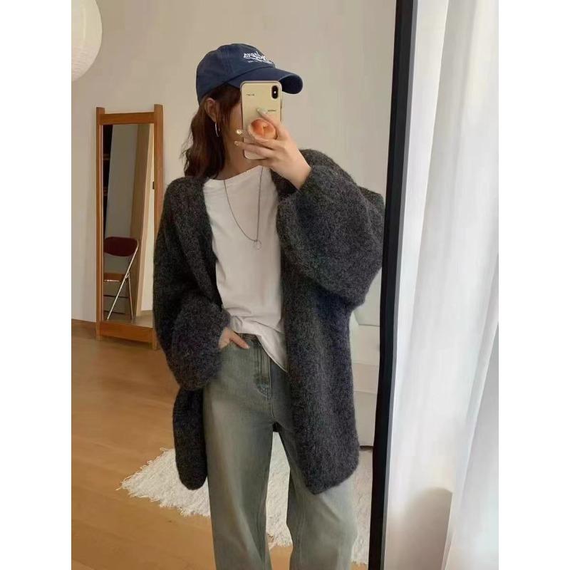 

Рукава-фонарики ленивый ветер свитер куртка женская осень и зима мягкий восковой свободный и тонкий универсальный вязаный кардиган женский One size серый