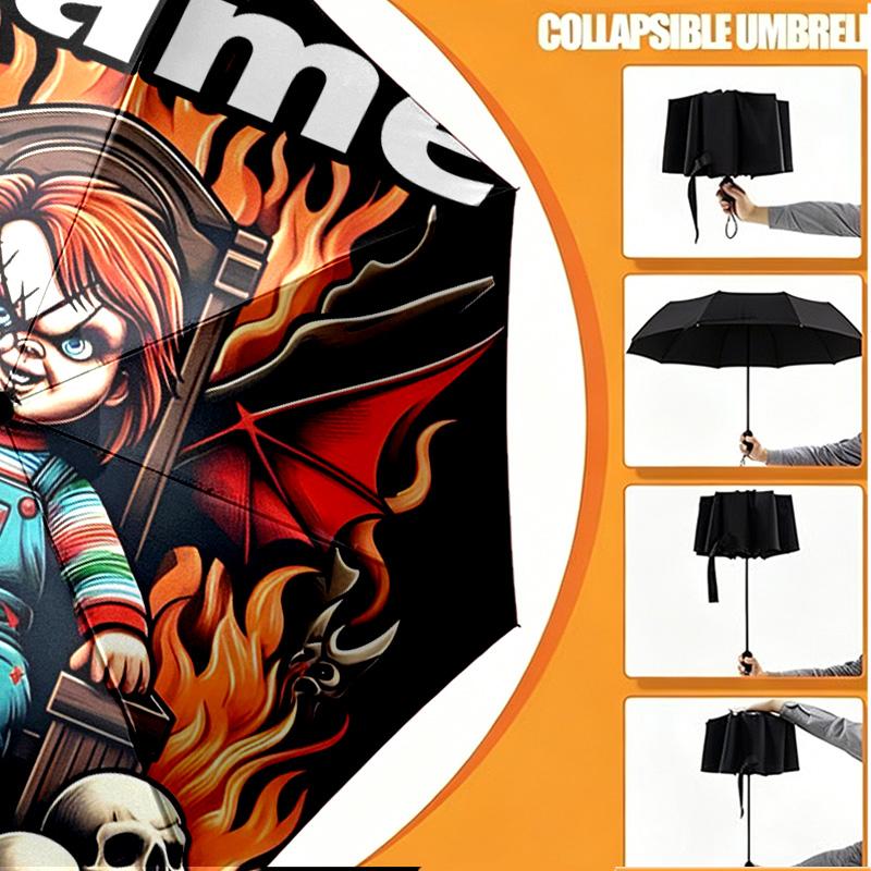 Custom Name Personalized Bride of Chucky Print Umbrella, Auto Open Close, 8‑Rib Sturdy Frame, Commute Camping Hiking Use, Birthday Gift