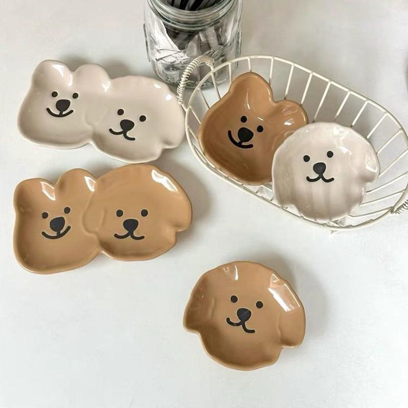 Adorable Ceramic Sauce Dish With Cute Dog & Bear Design - Single/Double Compartment Dip Bowl For Condiments, Snacks, Sushi, Soy