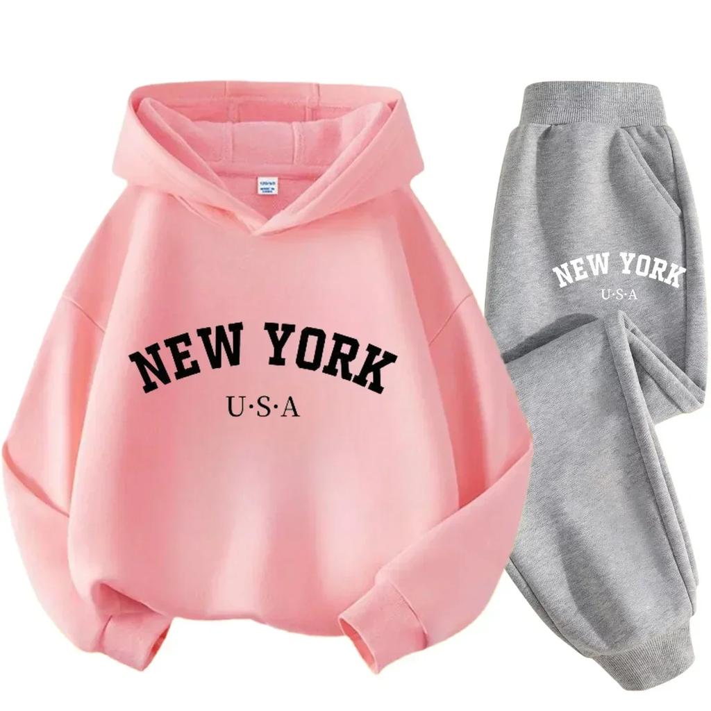 New York American Letter Print Children Hooded Sweatshirt Pants Two-piece Set Boy Girl Autumn Winter Daily Loose Warm