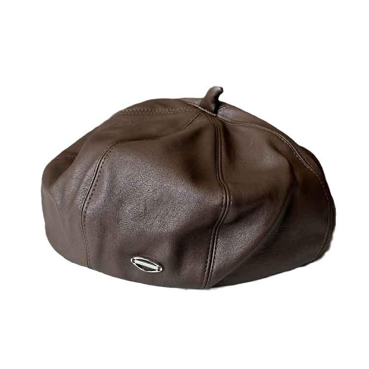 PU octagonal hat women's autumn and winter new beret designer niche retro solid color leather bud hat