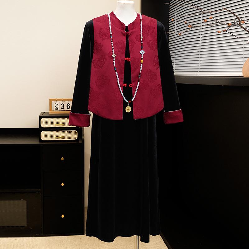 

Spring Floral Vest Dress Set for Middle-Aged & Elderly Women: Stylish Base Layer & Outerwear for Spring & Autumn 3XL (115-130 jin) червоний