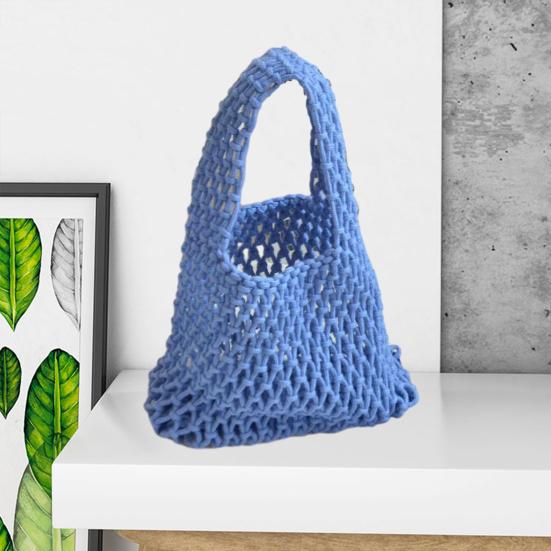 Hand-Woven Wrist Tote Bag Cotton Rope Braided Hollow Out Handbag Ladies Portable Wristlet Handbag for Travel Beach Shopping