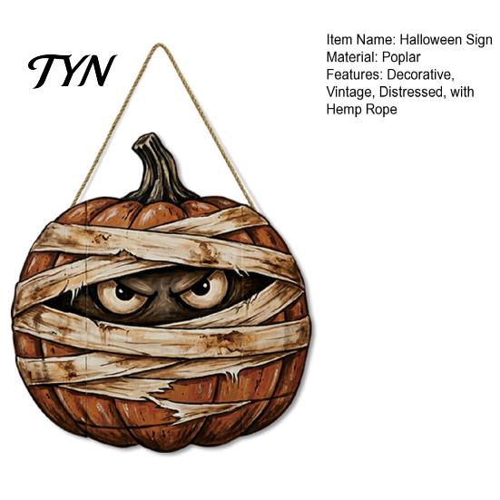 Autumn Theme Room Furnishings Halloween Mummy Pumpkin Hanging Sign, Retro Wooden Pendant with Ghost Wall Decor Hemp Rope for Front Door Entrance Party