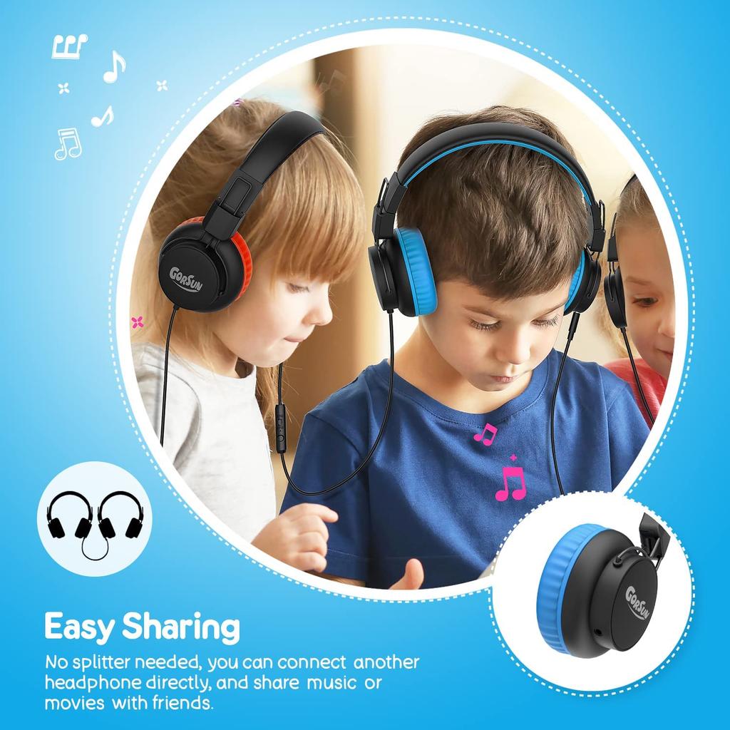 Kids Headphones, Headphones, 85dB/94dB Volume Limited, Wired Headphones with Mic, Sharing Function, Adjustable Toddler Headphones for School/Tablet/PC