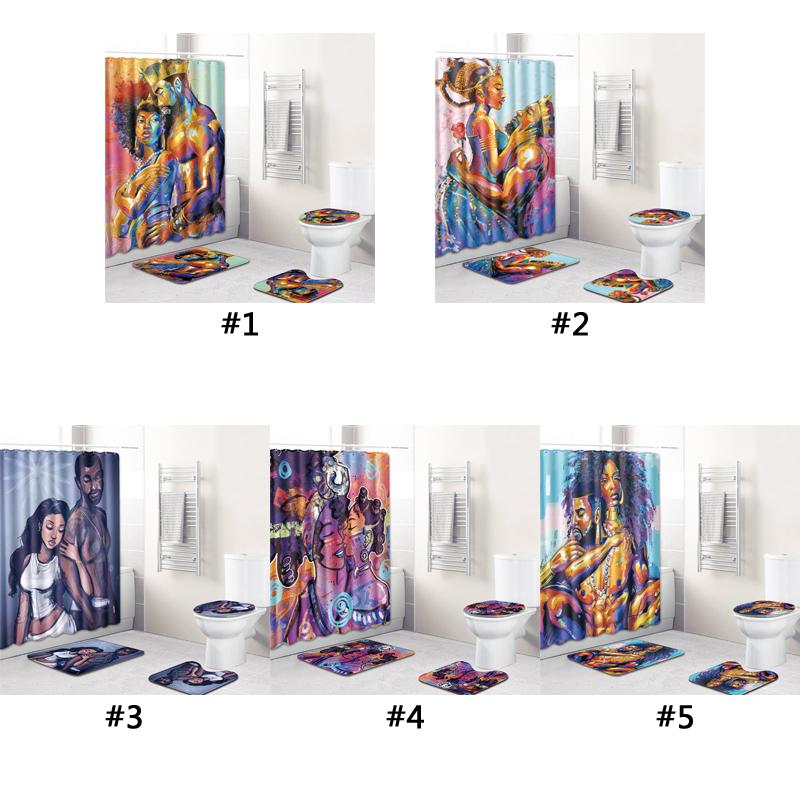 4 Zestaw afrykańskich zasłon prysznicowych dla par Flanelowa antypoślizgowa mata podłogowa Dywan łazienkowy