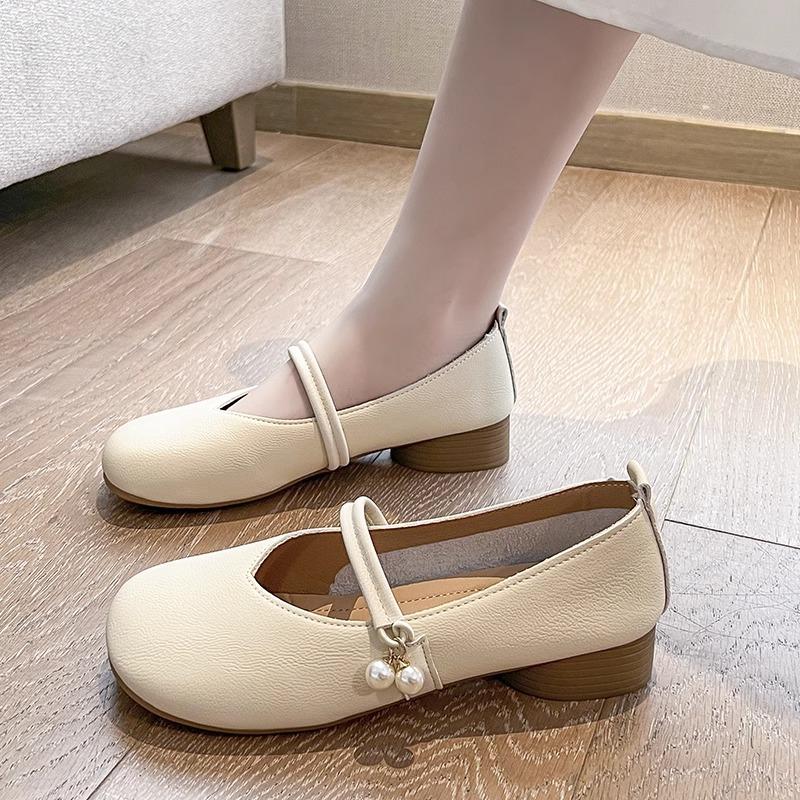 

Модная женская обувь Французский стиль Одинарная обувь Мягкая подошва Высокий каблук Маленькие кожаные туфли 2024 Новый стиль Радостная Толстая подошва Противоскользящая 35 бежевый