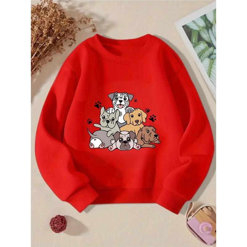 Crewneck Sweatshirt for Girls Featuring an Adorable Pattern of Puppies And Paw Prints. It'S Machine Washable, Suitable for Spring And Autumn
