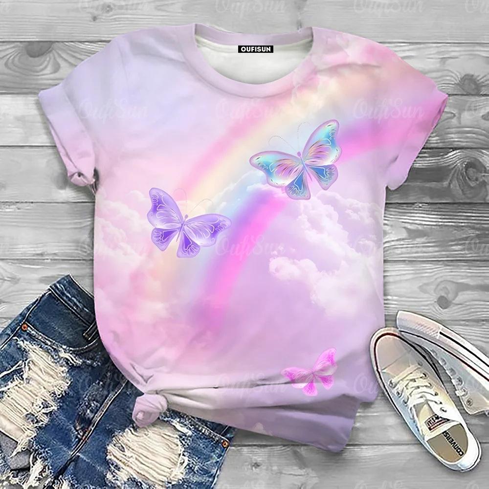 Summer Round Neck 3D Butterfly Print T-shirts Fashionable Casual Short Sleeved Women's T-shirts