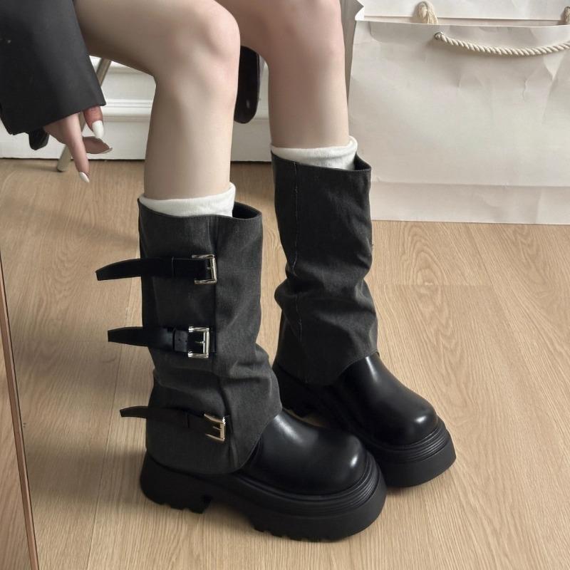thick-soled belt buckle boots women's new autumn and winter trouser boots tall western cowboy knight boots
