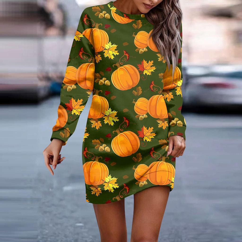 Damska sukienka z okrągłym dekoltem i nadrukiem na Halloween, z długim rękawem i biodrami, bluza z kapturem