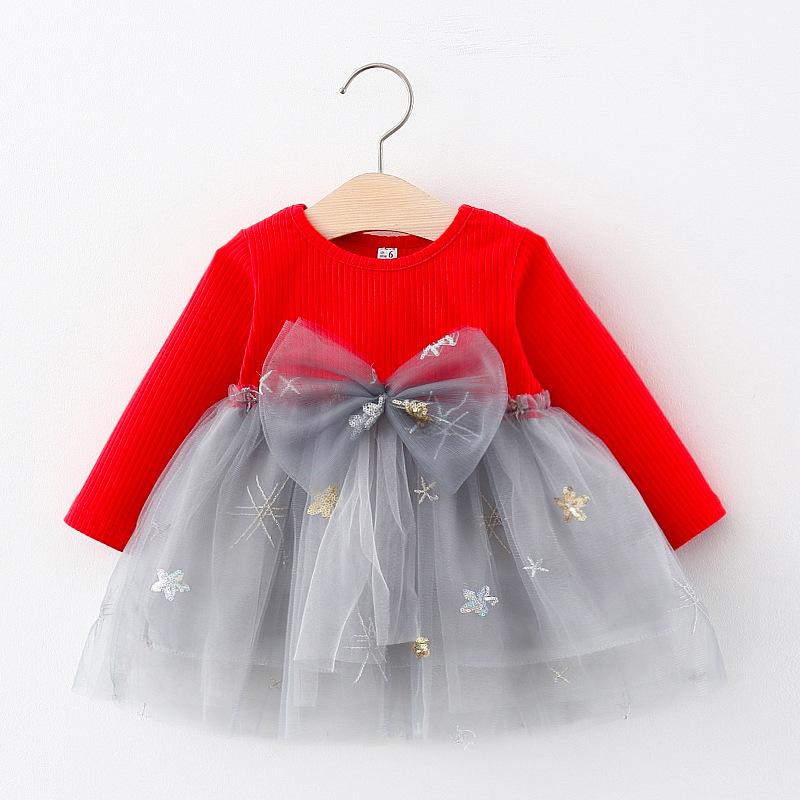 Girls Long Sleeve Tulle Splice Princess Dress Kids Base Layer Dress Sweet Medium Small Children Clothing Skirt 73cm