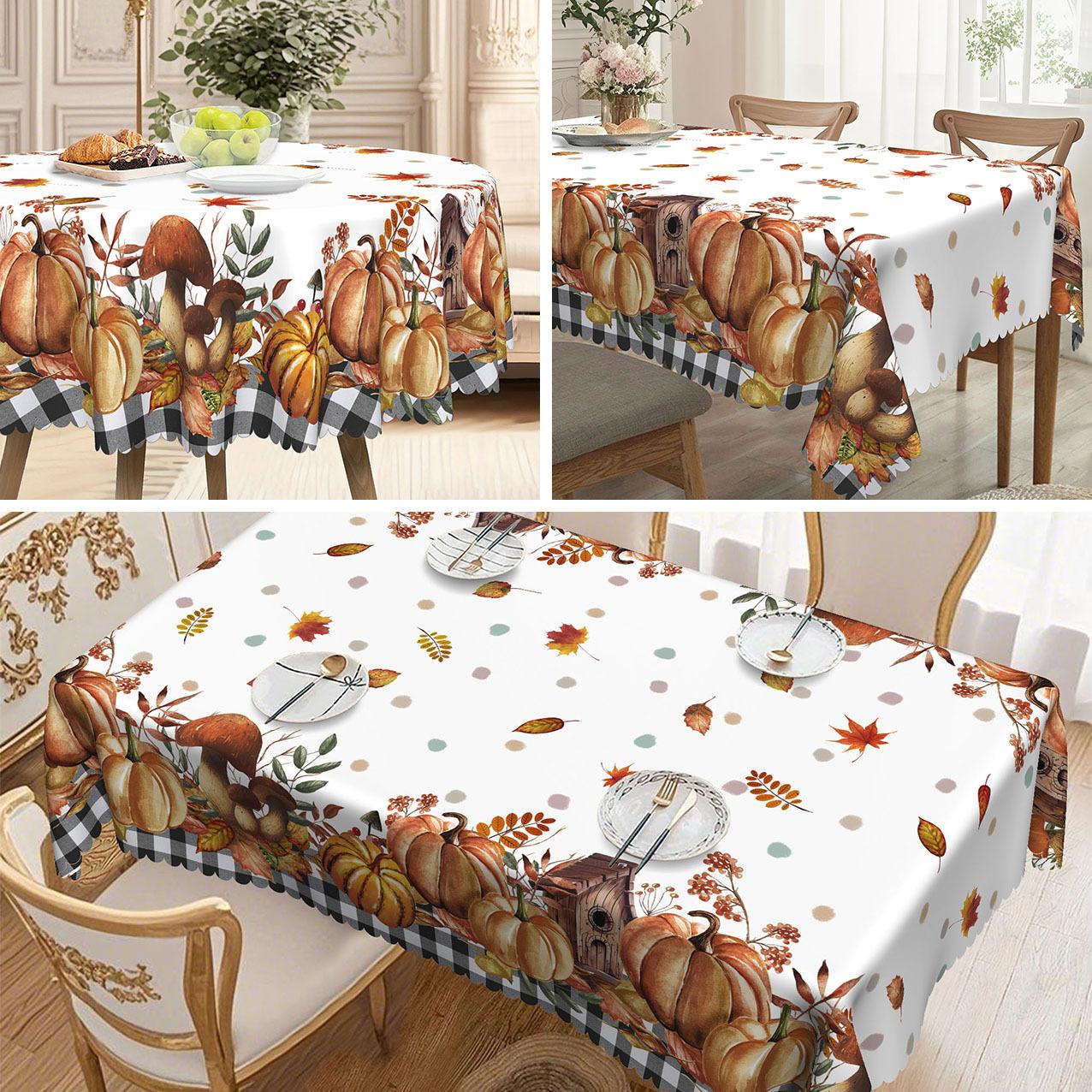 1 Autumn-Themed Tablecloth, Polyester Fabric, Orange Pumpkin And Maple Leaf Pattern, Autumn Table Decoration round tablecloth-152x152cm