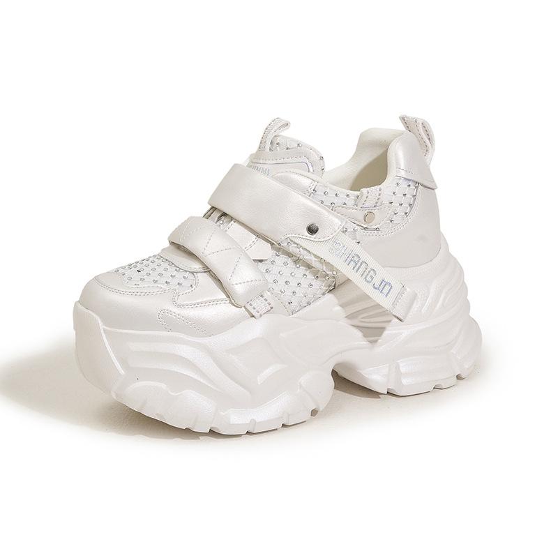 Thick-soled Dad Shoes Women's 2025 Spring New Rhinestone Velcro Inner Height-increasing Women's Shoes Versatile Sports and Leisure Shoes