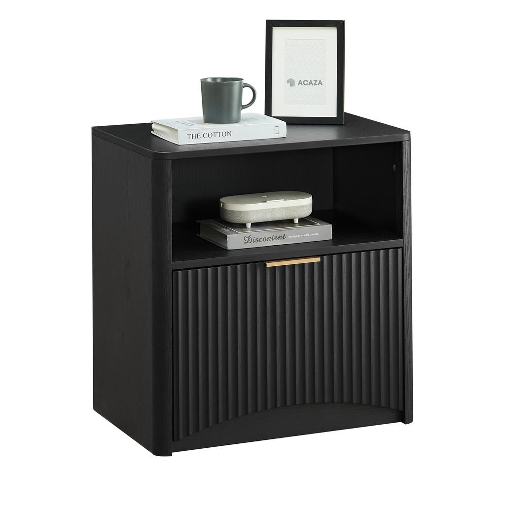 Grooved nightstand with open drawer and gold handles, space-saving, suitable for bedroom and living room, black