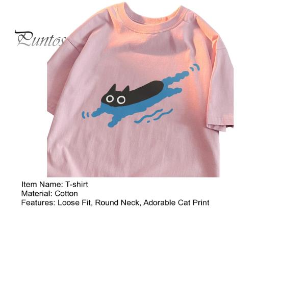 Par Casual T-skjorte Tegneserie Svart Katt Trykk T-skjorte Rund Hals Løs Sommer Topp for Menn Kvinner Hjem Gym Streetwear