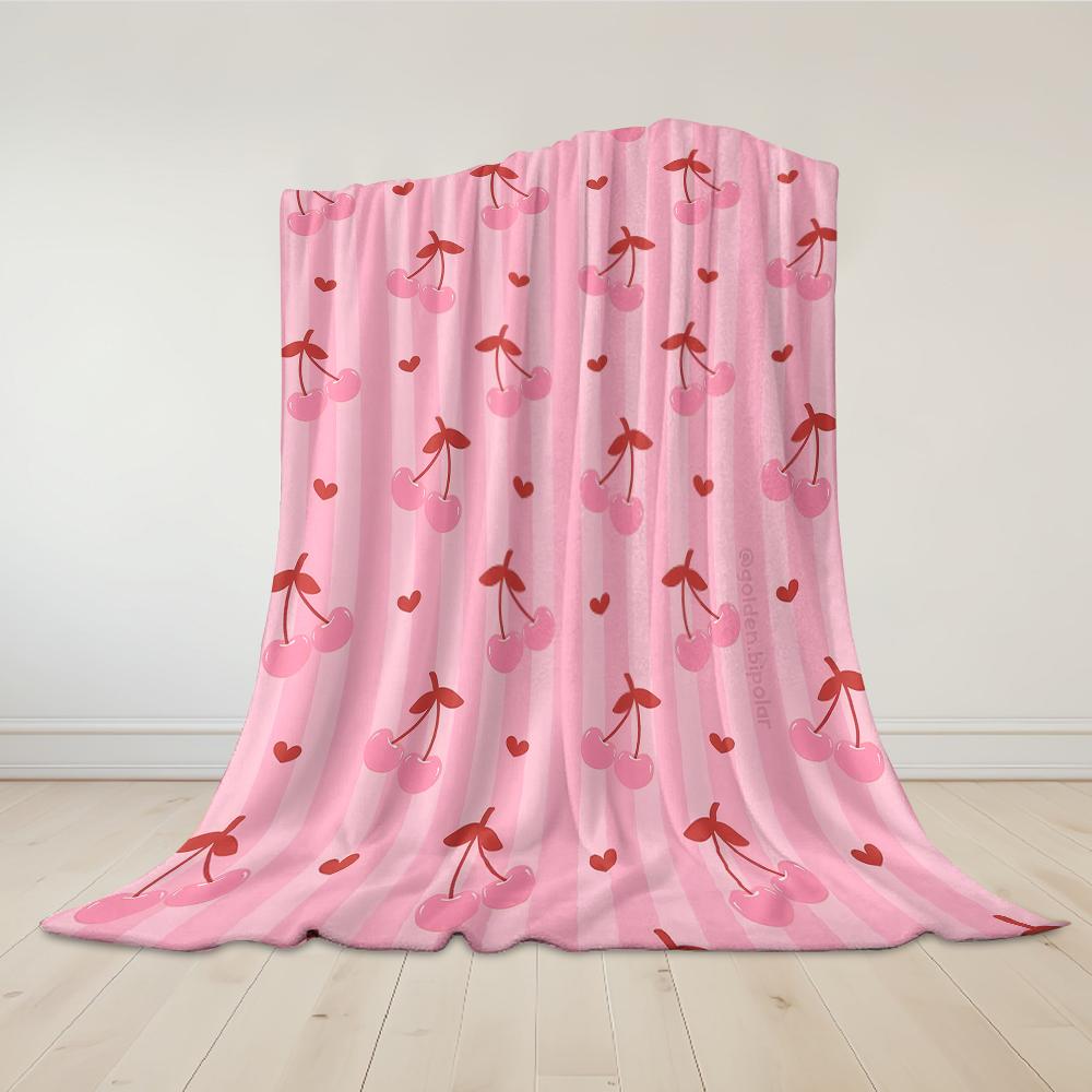 Pink Cherry Stripes Flannel Blanket Warm Soft Halloween Christmas Couch Warm Cozy Decorative Decor Gift For All Season