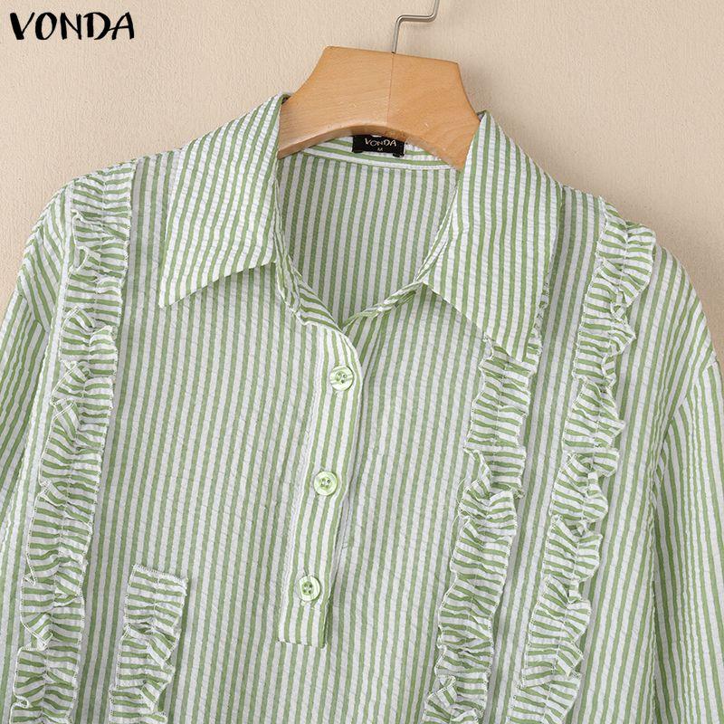 VONDA Women Casual Loose Turn Down Collar Long Sleeve Striped Ruffled Shirt Dress