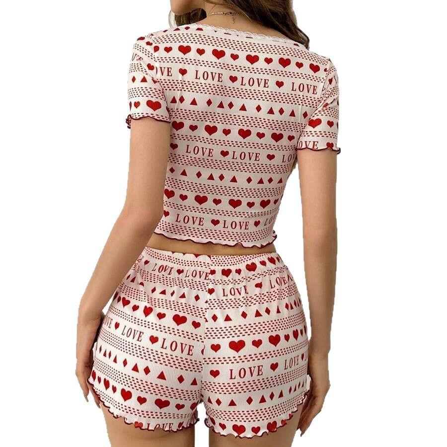 Women's Summer Pajama Set - Knitted Ribbed Short - Sleeve Top & Shorts Cozy Homewear