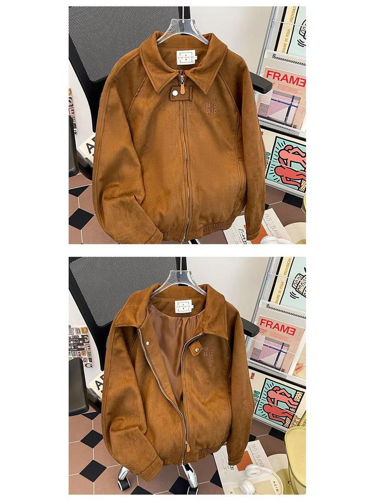 Koreanska Szykowana Damska Krótka Kurtka Baseballowa z Zamszu z Haftowanymi Literami