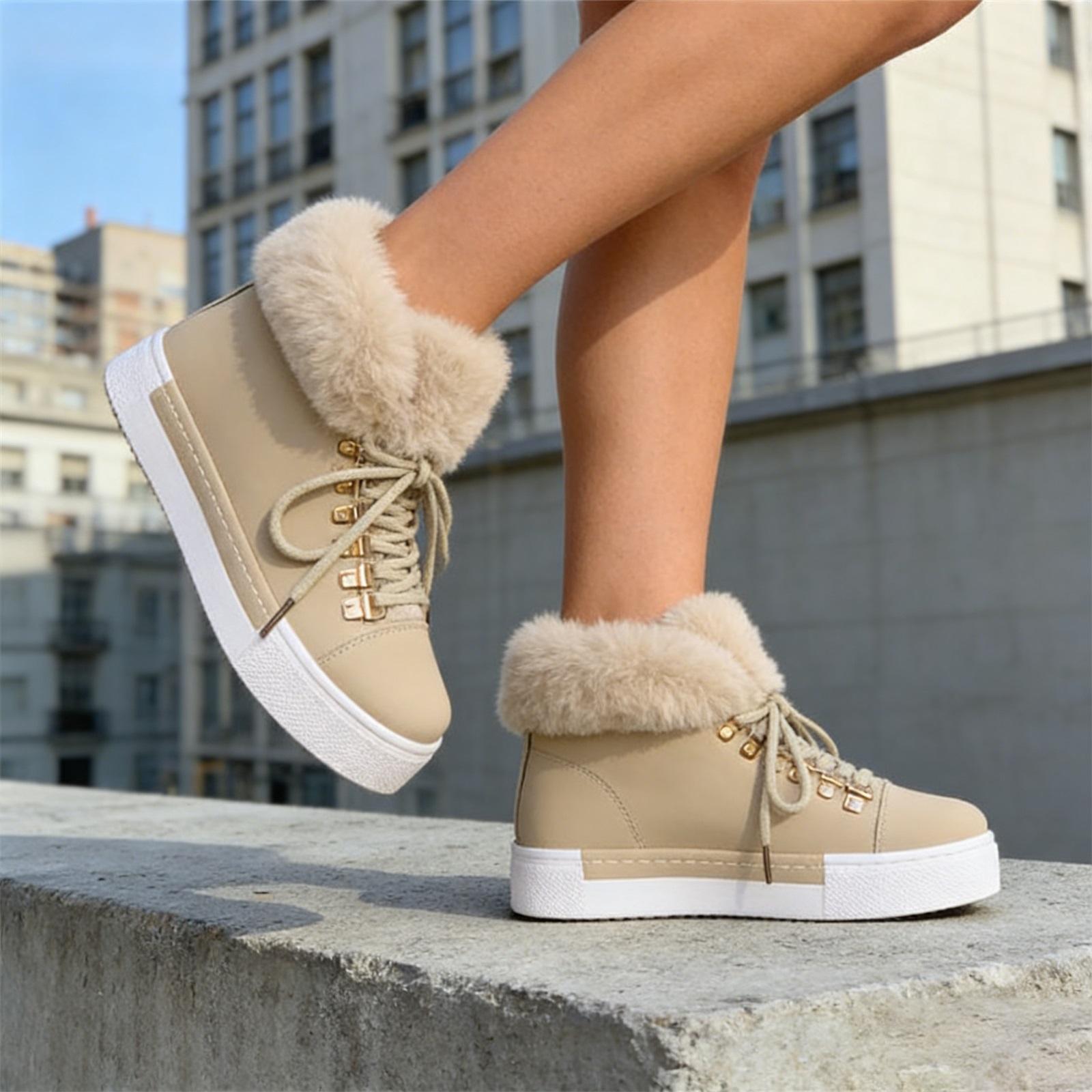 

Women s Fashion Plus Size Long Hair Sheepskin Lined Thickened Cotton Boots 43 бежевий