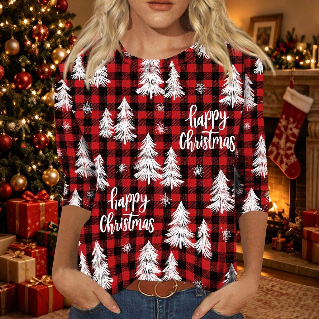 Women's Casual Christmas Print Neck Three-Quarter Sleeve T-Shirt Top