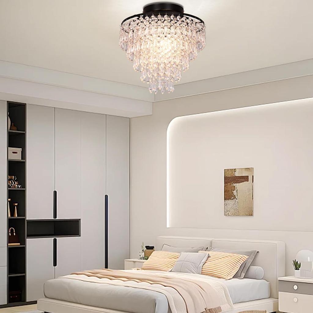 Crystal Lights LED Ceiling Light Modern Round Crystal Light Black Ceiling Light for Bedroom, Living Room, Hallway