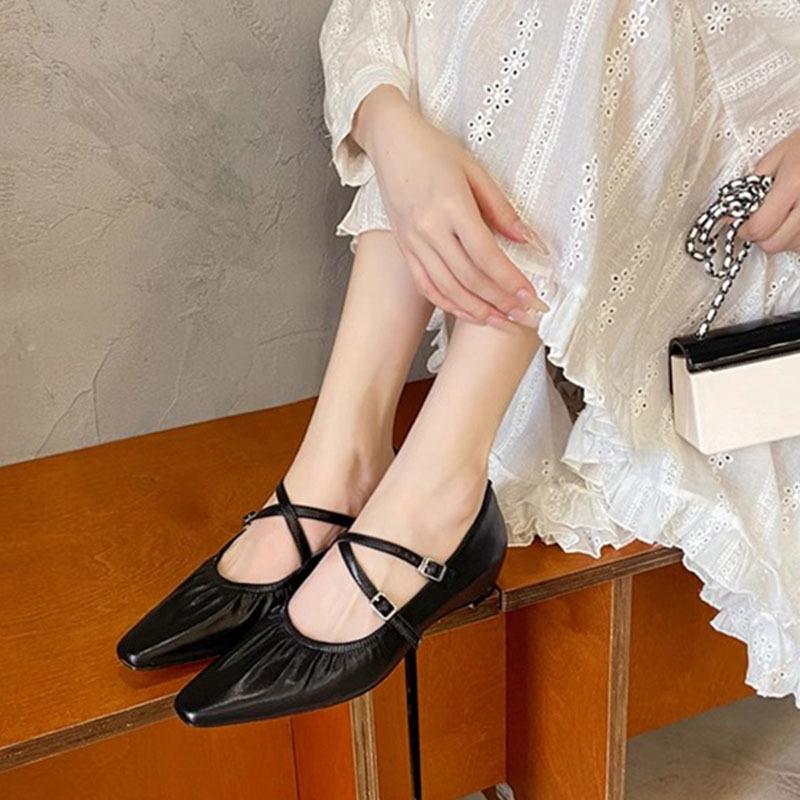 

Sheepskin version~ French gentle wind silver pleated cross strap Mary Jane women s shoes pointed inner height increase leather single shoes 34