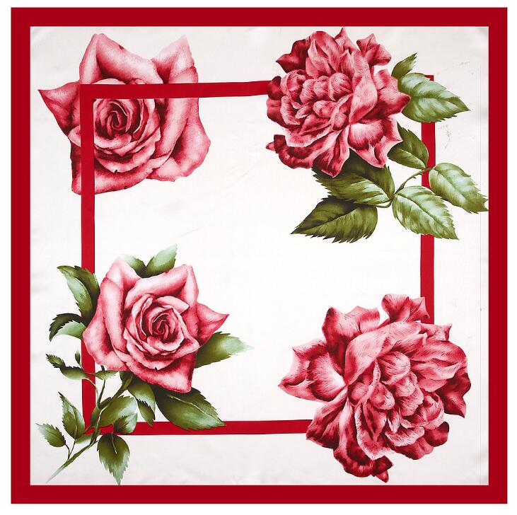 New Fashion Brand Square Scarf For Ladies Rose Flower Print Silk Scarf Women Bandana Large Hijab Female Shawl Scarves Warps