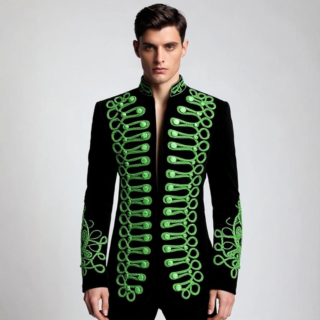 PYJTRL Mens Stylish Court Prince Green Embroidery Blazers Suit Jacket