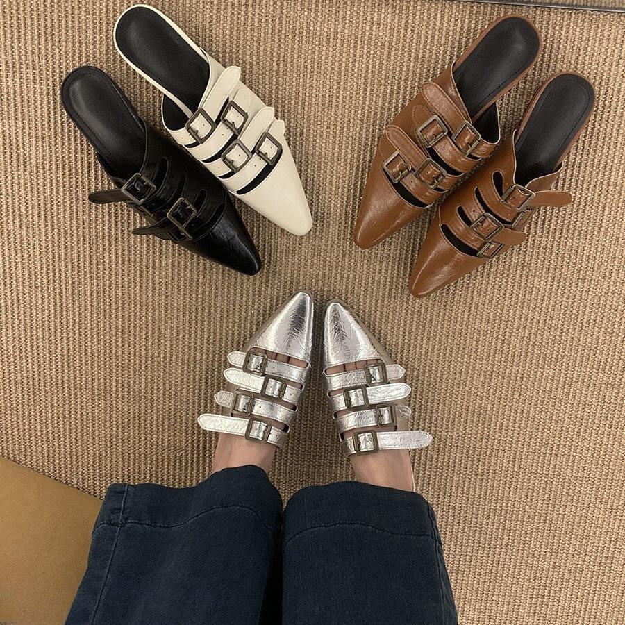 Fashion 2025 Women's Fashion Baotou Slippers Summer New Pointed Hollow Metal Buckle Soft Sole Anti-slip Wear-resistant Flat Sandals