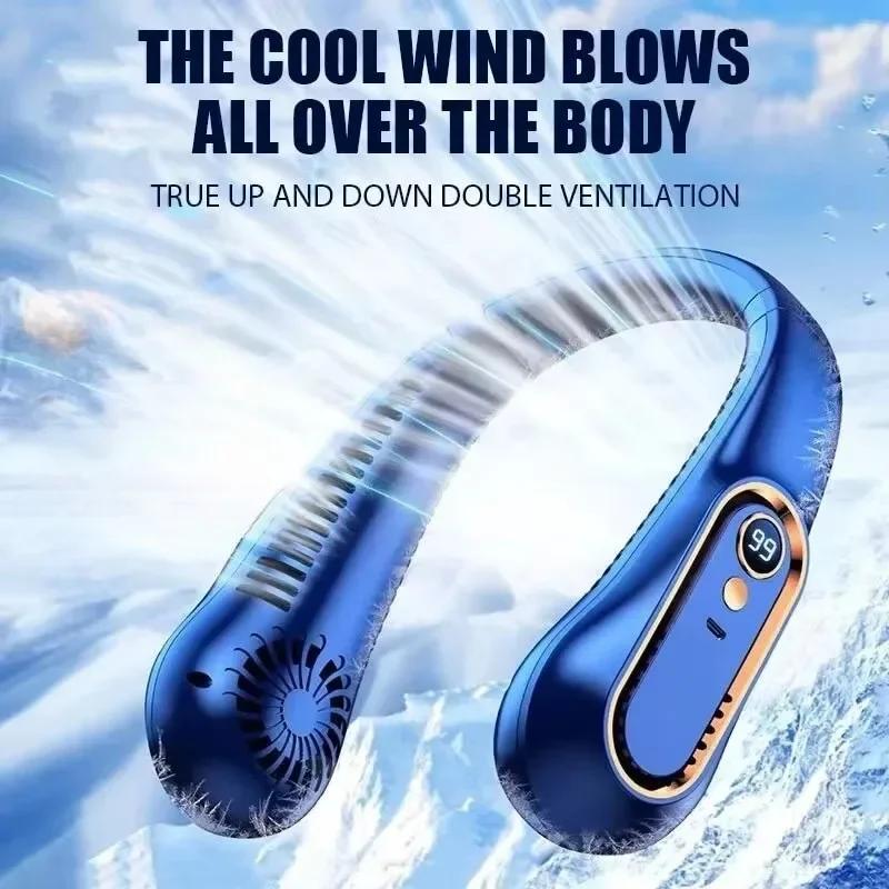 1PCS 5 Gears Hanging Neck Fan 720 ° Circulating Air Outlet Smart Digital Display 7000mAh Long Battery Life For Fitness City Walk