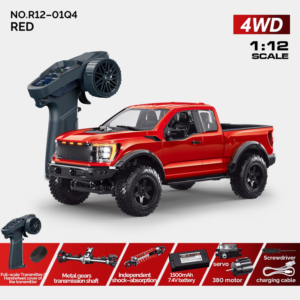 1:12 Scale RC Pickup Truck, 2.4GHz 4WD All Terrain Off Road Remote Control Car with LED Lights, Cruise Control, Opening