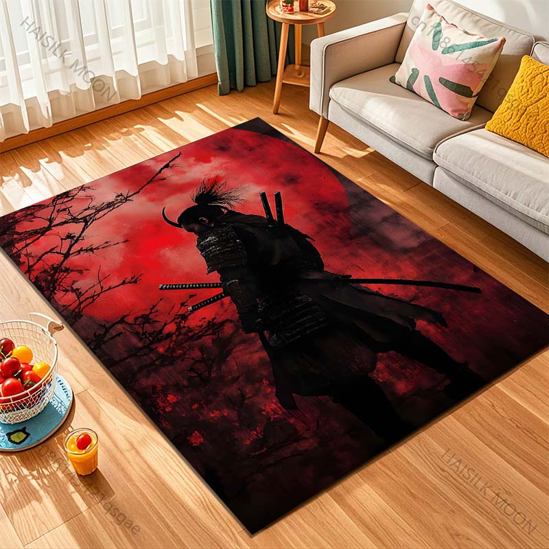 1PC Samurai with Red Moon Backdrop Print Carpet Rug for Living Room Bedroom Sofa Doormat Home Decor Non-slip Floor Mat