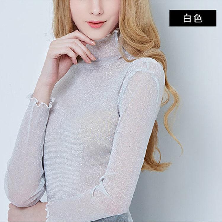 High Neck Mesh Base Shirt Sexy Single-layer Transparent Long Sleeved Inner T-shirt Ins Style Autumn Mushroom Edge Shiny Silk Top