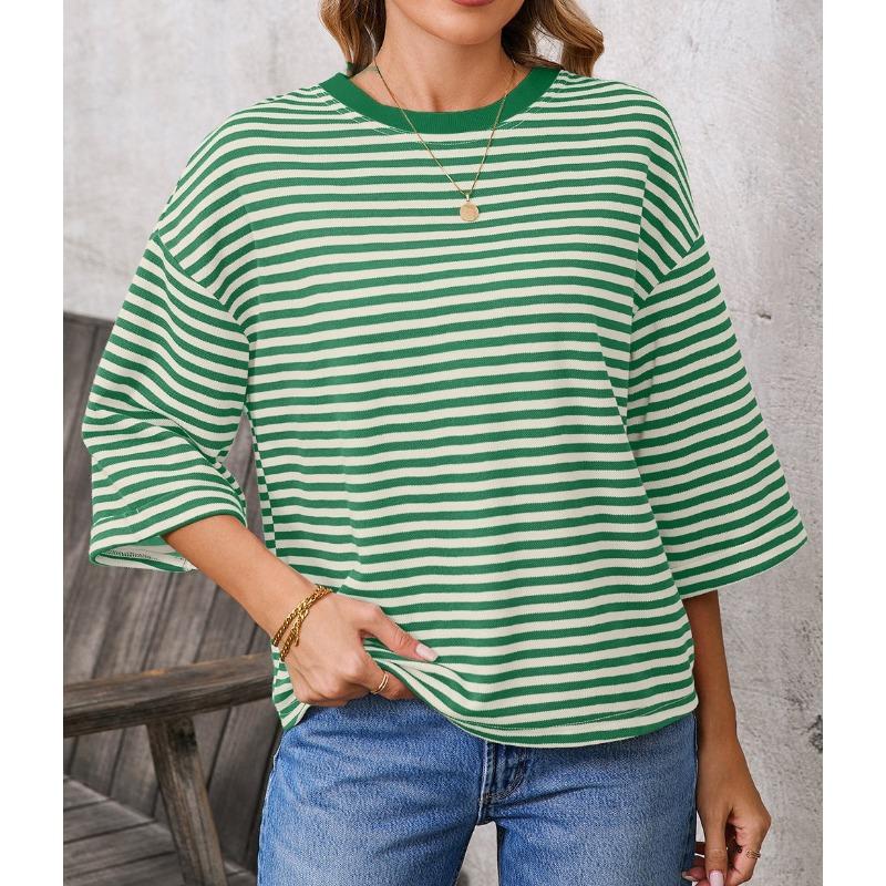 New Women's Round Neck Striped Back Tie Bow Pullover Knitted Top