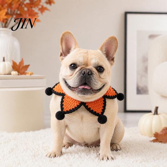 Five-pointed Star Pet Bib Knitted Bib, Handmade Shape Cat Crochet Lightweight with Black Pom-poms for Cats Small Dogs Halloween Outfit Non-tightening