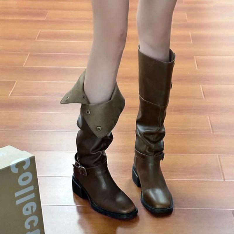 

Версия из коровьей кожи~ нишевые две носки натуральная кожа высокие рыцарские сапоги женские толстый каблук голенище ретро но до колена длинные сапоги 40