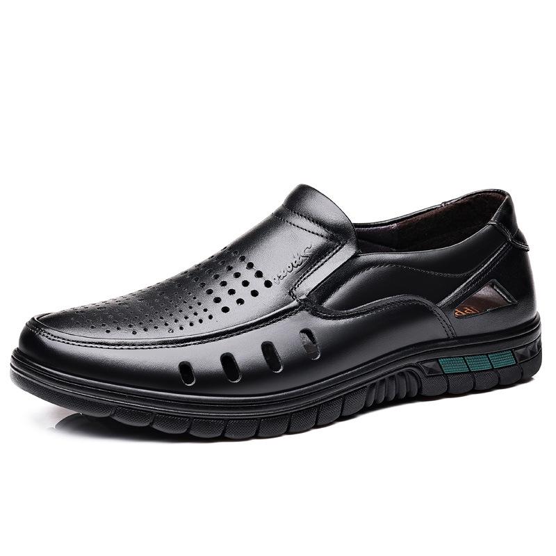 2025 summer new men's hollow sandals first layer cowhide middle-aged and elderly father shoes breathable casual shoes overshoes