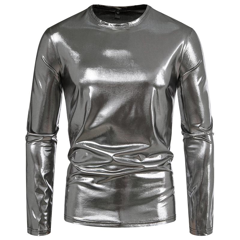 Cozy Up Men's Party Stage Glossy Long-sleeved Round Neck T-shirt