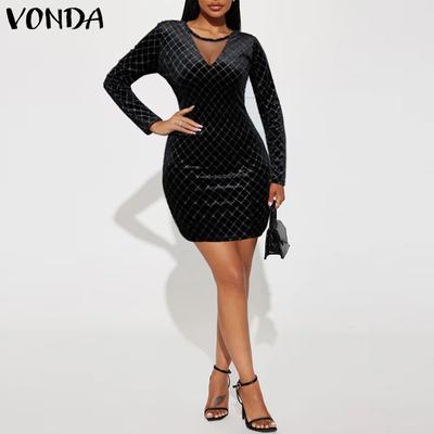 Women Fashion Solid Color Splicing V-Neck Long Sleeve Dresses