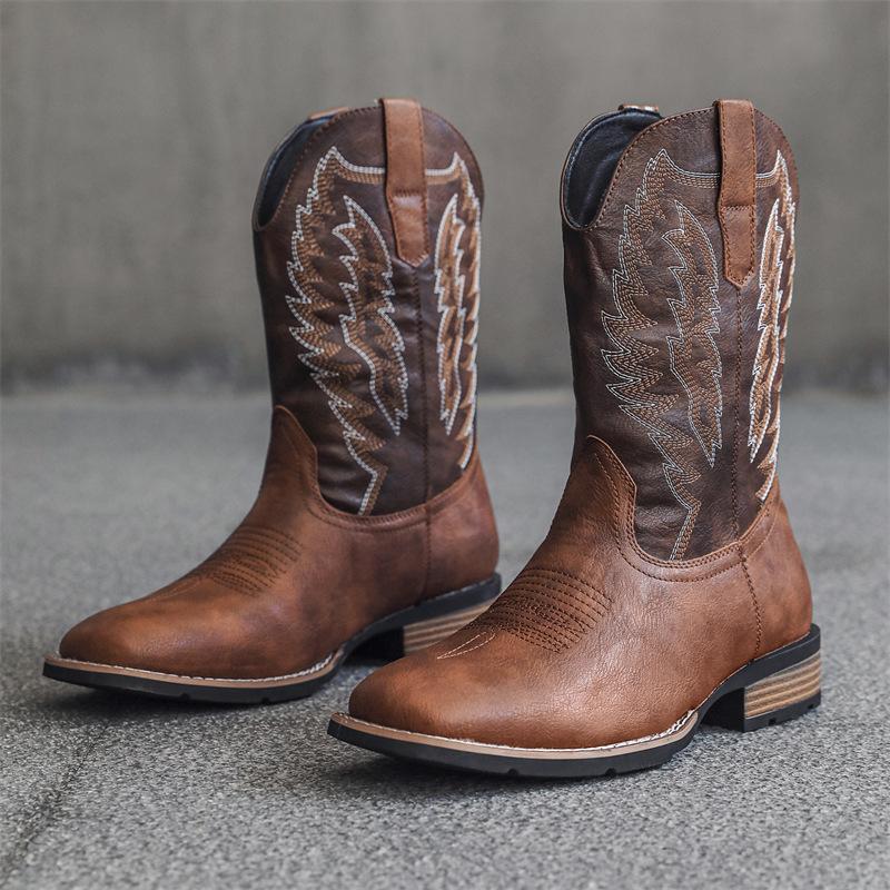 Fashion Retro Men's Boots Classic Handmade Embroidery Western Cowboy Boots Fashion Casual Leather Boots Men's Mid-Calf Motorcycle Botas