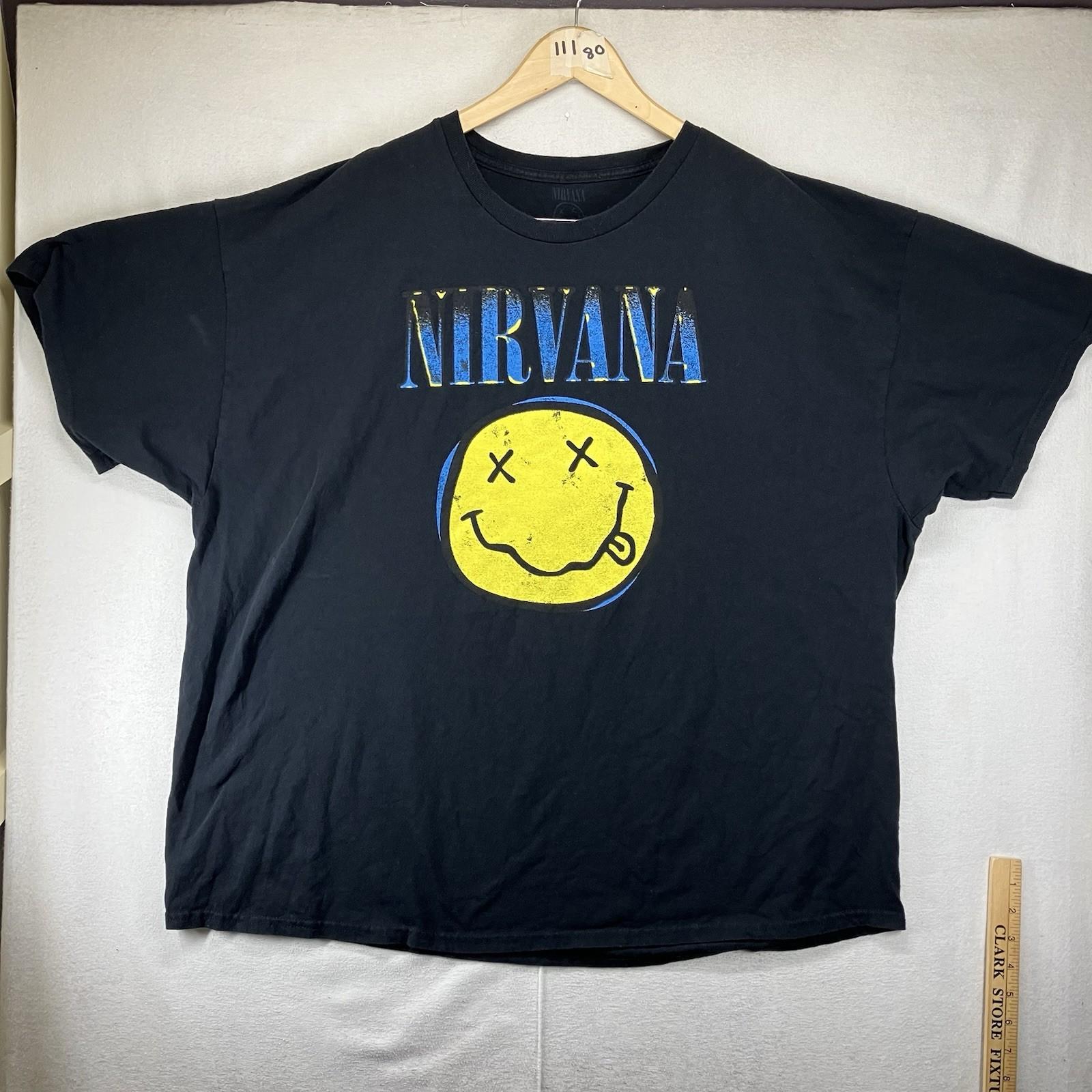 Nirvana T-Shirt Black Grunge Band Tee 1990s Rock Kurt Cobain Smiley Face 3XL S