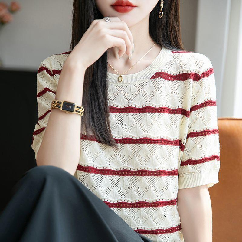 Summer Women's Knitted Short Sleeve T-shirt Round Neck Hollow T-shirt Loose Knitted Shirt Top